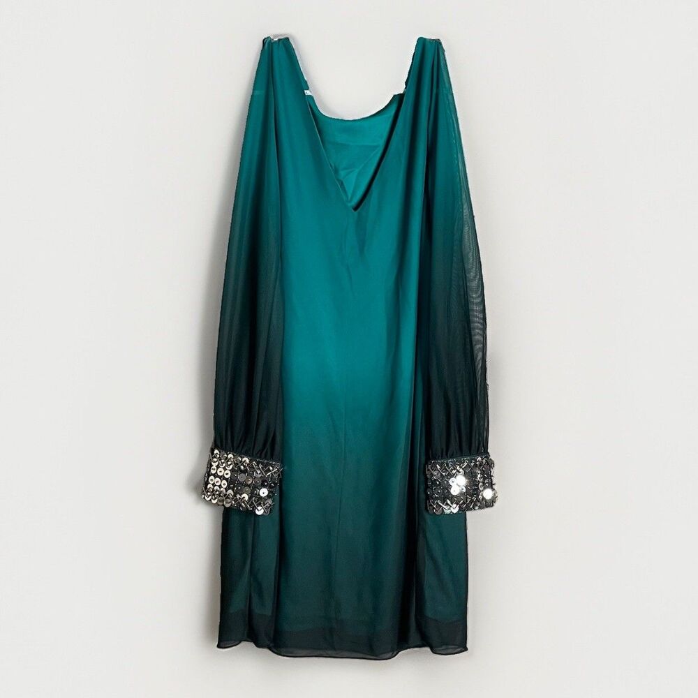 BCX Teal Green Ombre Chiffon Cold Shoulder Dress Sequin Cuffs- Medium